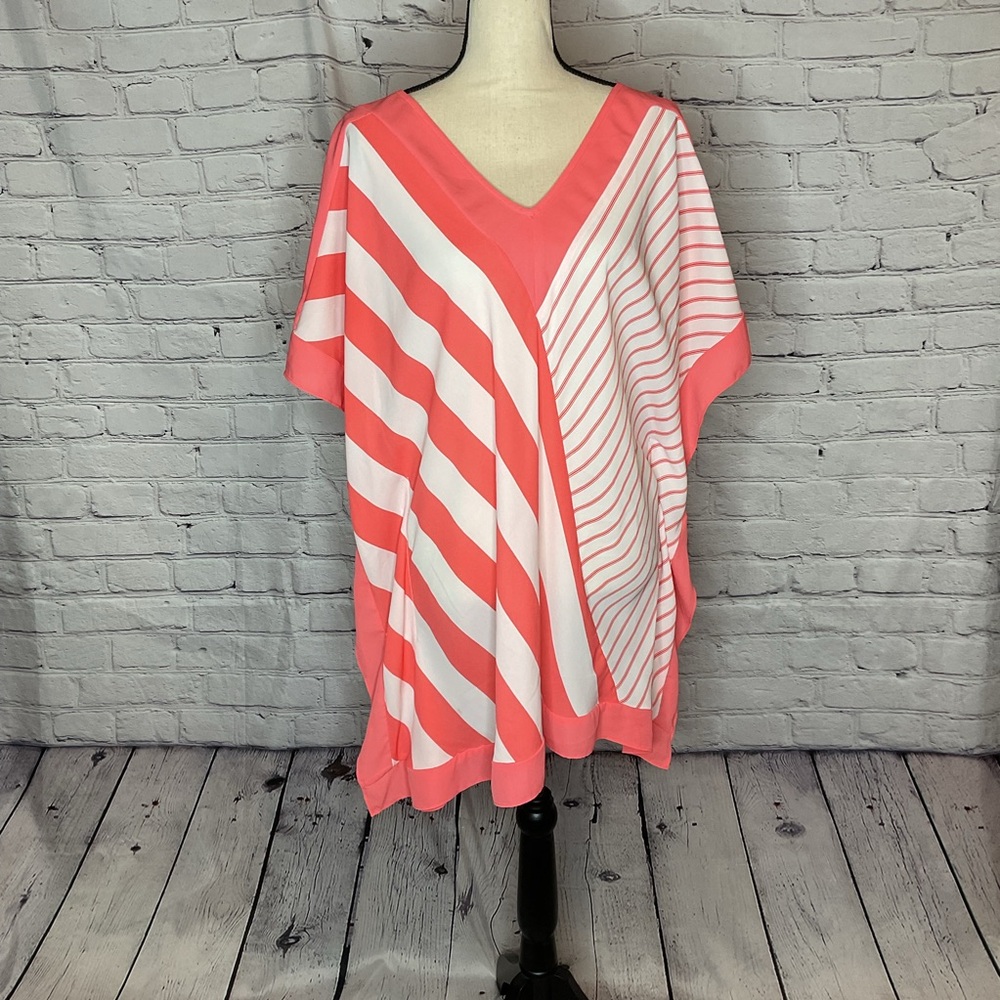 Lane Bryant V-Neck Polyester Peach and White Caftan Swim Cover Up 14/16